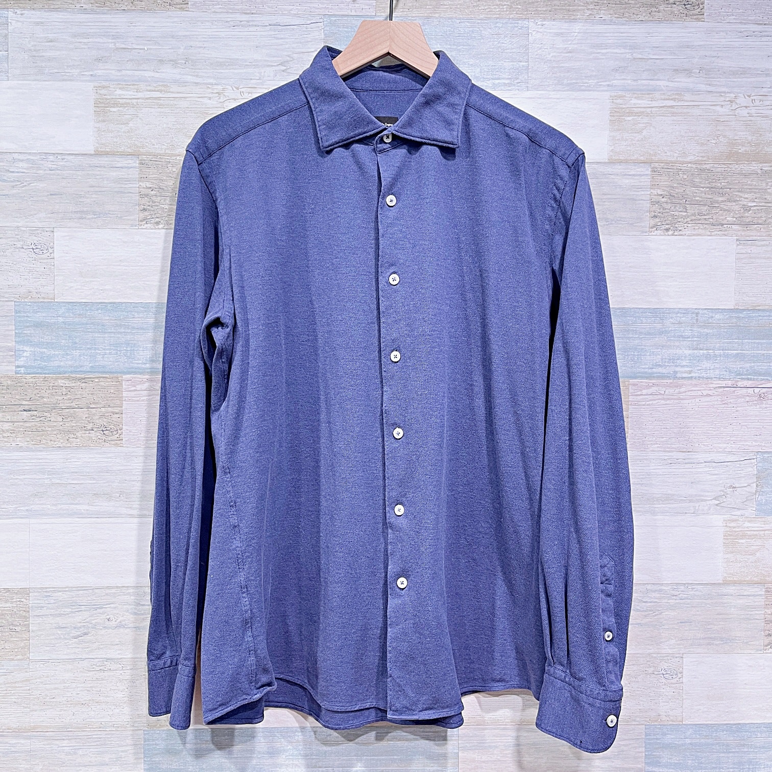 Ermenegildo Zegna Cotton Pique Sport Shirt Blue Stretch Casual Career Mens Large
